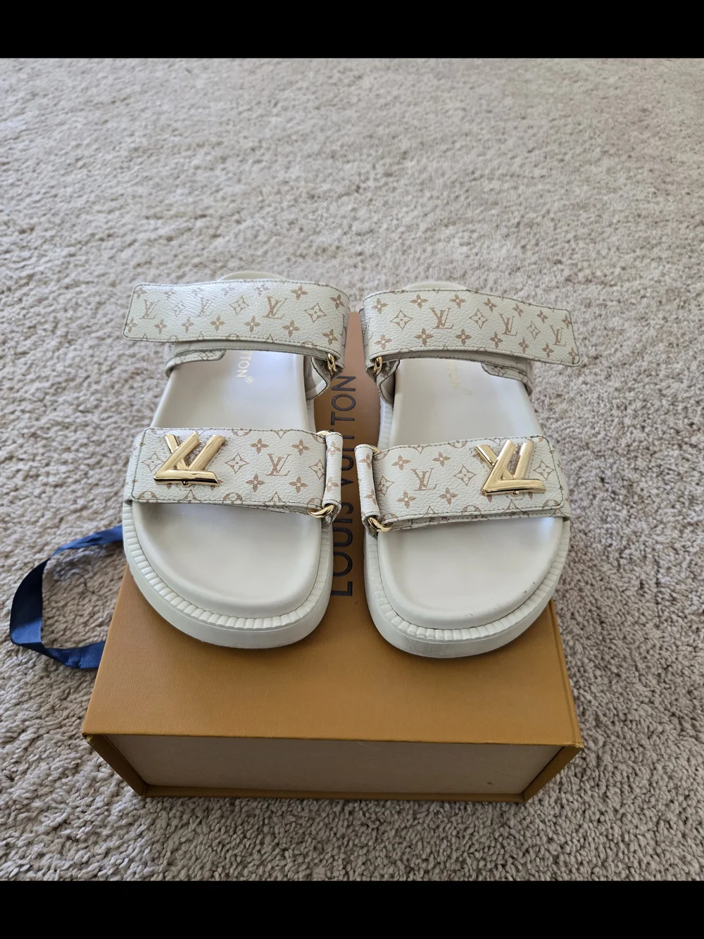 Louis Vuitton Cream Monogram Womens Sandals with Gold LV Hardware